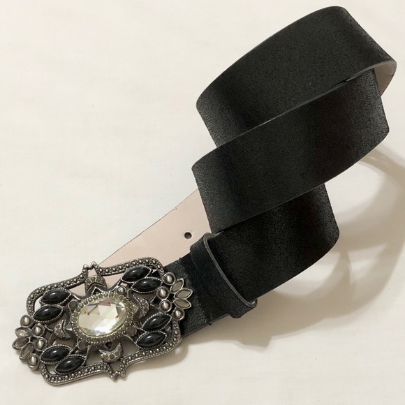 Express Women’s Black Faux Leather Belt, Fancy Rectangle Buckle with Crystals- M - Picture 4 of 17